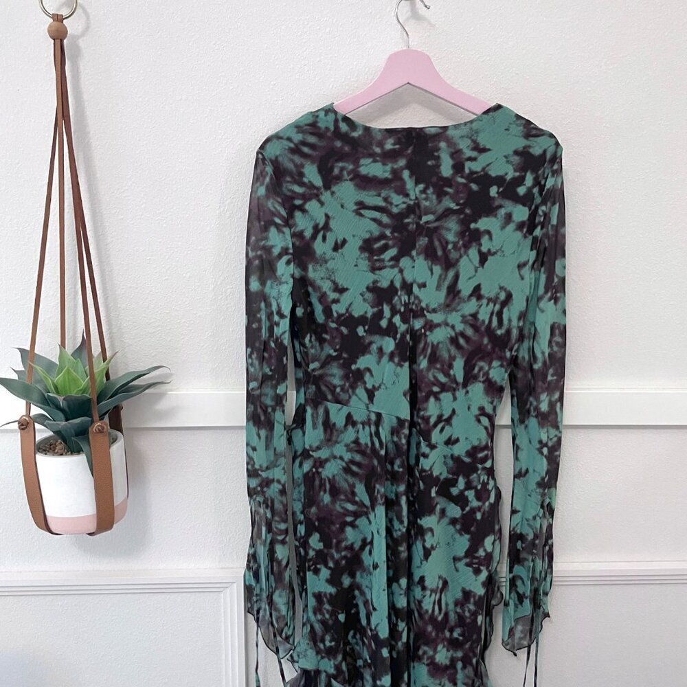 Daska Tiered Chiffon Dress in Green Print Long Sleeve Size UK L Dark Romantic - Picture 7 of 10